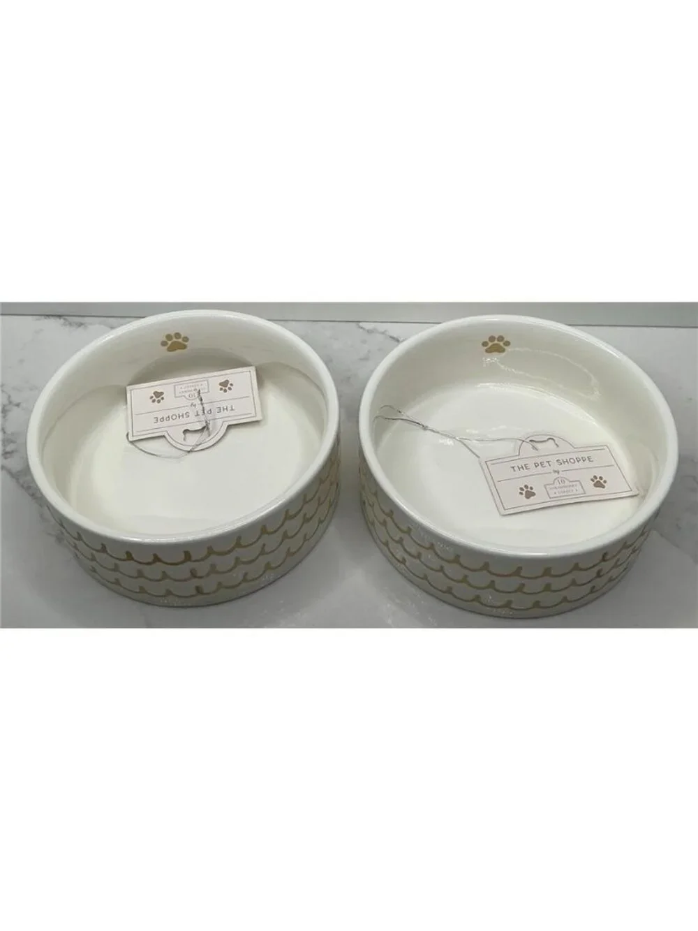 10 Strawberry Street 2 Pet Bowl Paw Waves Designs Tan Ceramic New